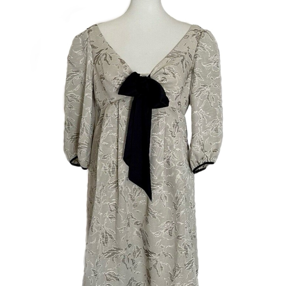 Max and Cleo Jacquard Print Gold Bow Dress with Empire Waist - Cream Black Sz 10